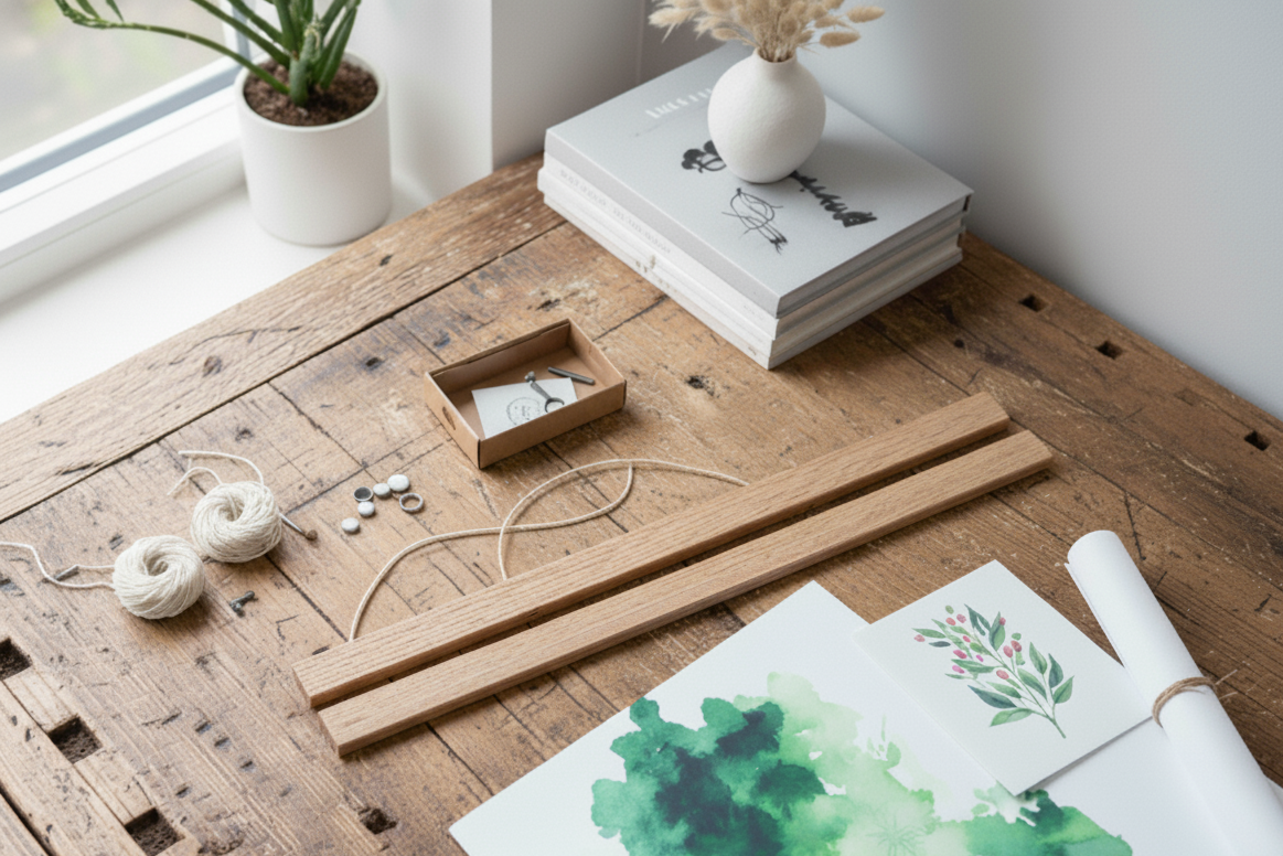 Wooden table with stationery items including a plant, books, and art supplies.
