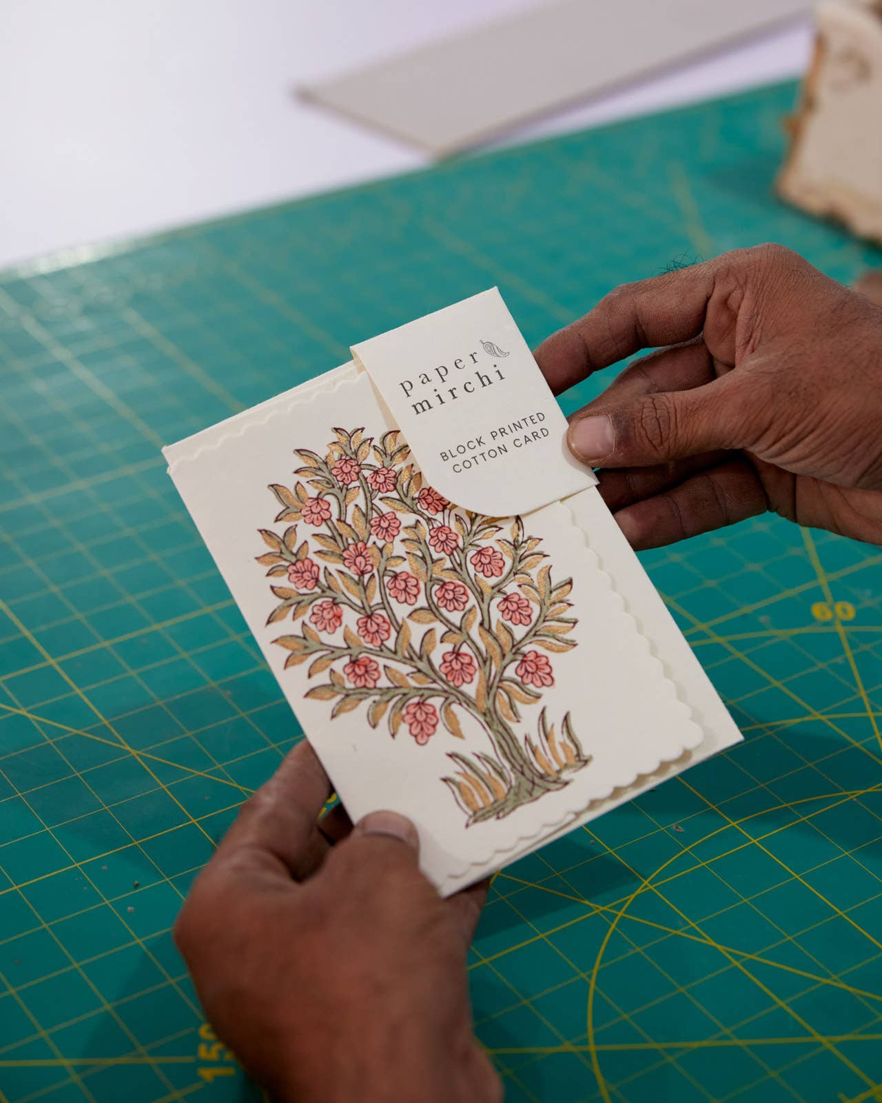 Block Printed Greeting Card - Mogra Coral
