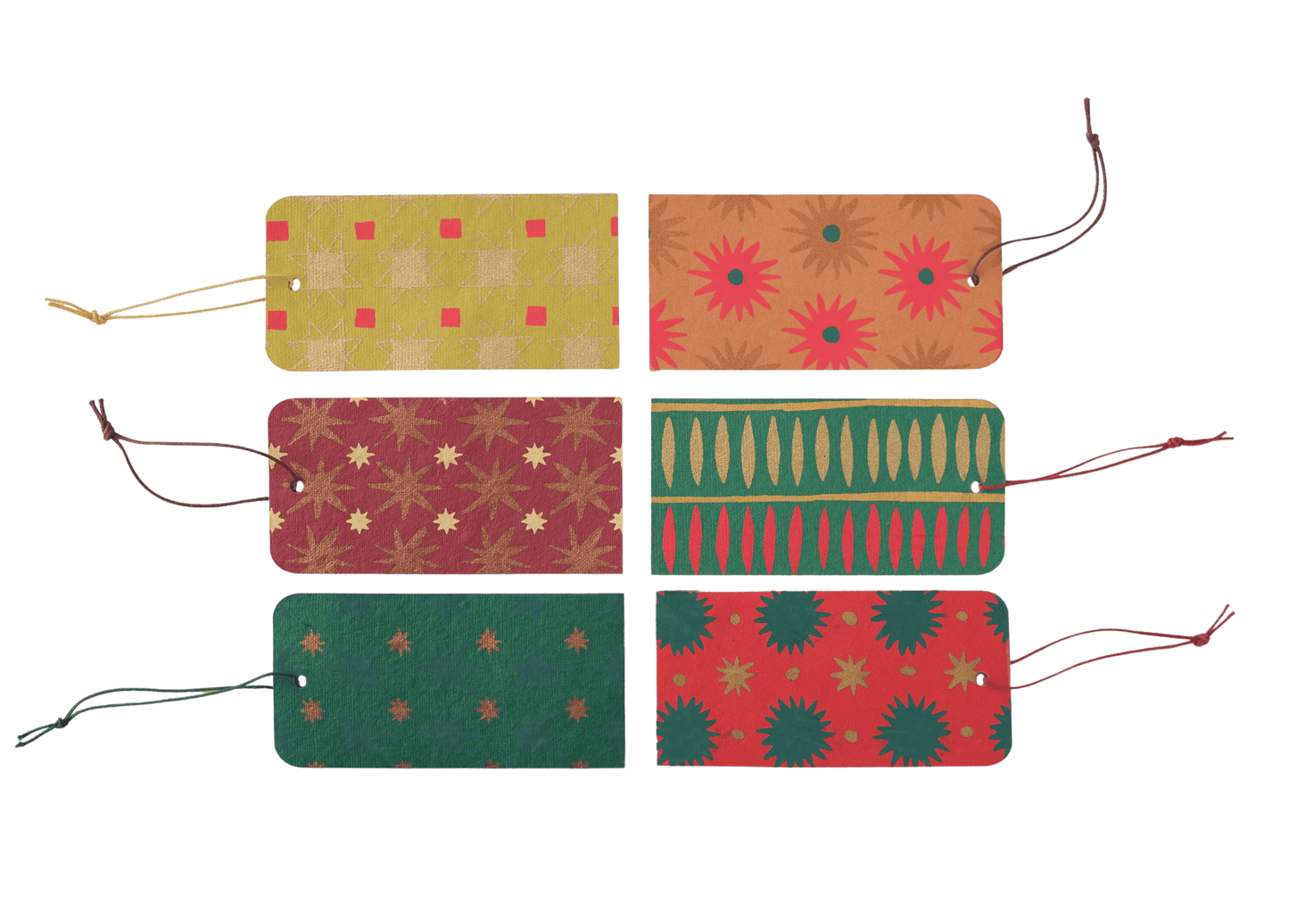 Set of six colorful luggage tags with geometric patterns on a transparent background