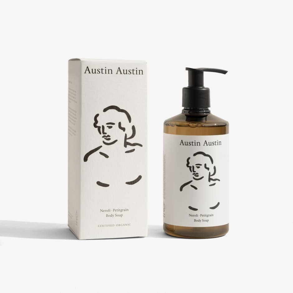 Austin Austin body soap bottle and packaging on a white background