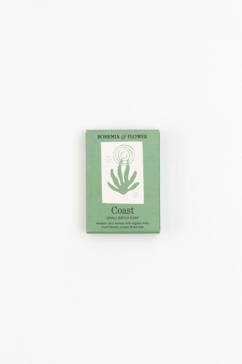Green soap packaging with a hand illustration on a white background