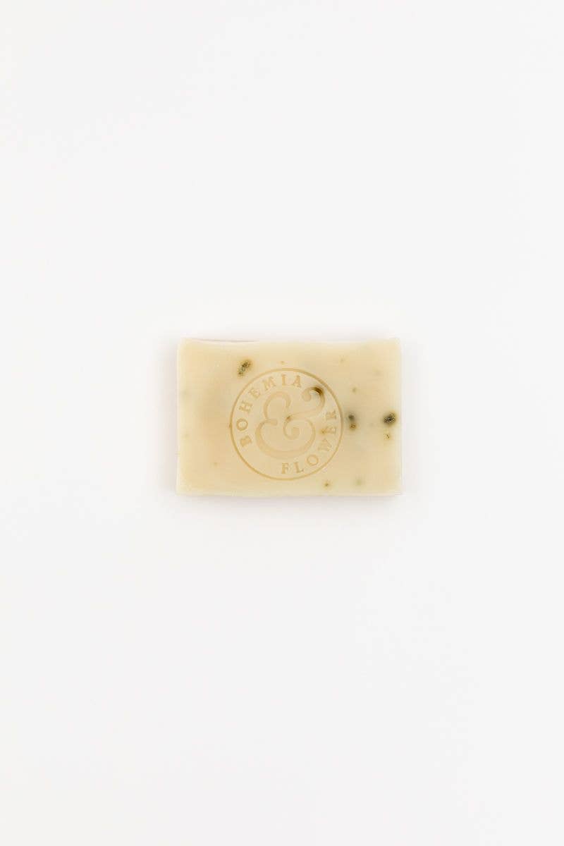 Rectangular bar of soap with a logo on a white background