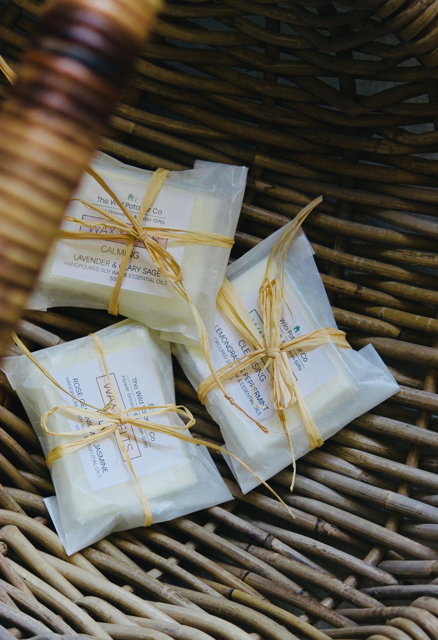 Hand-poured botanical soy wax melts, made with essential oils. Made in the UK, by The Wild Potager Co. Choose from three beautiful calming, cleansing and relaxing scents