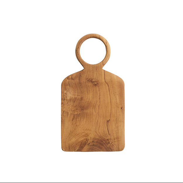 Wooden cutting board with a ring handle on a white background