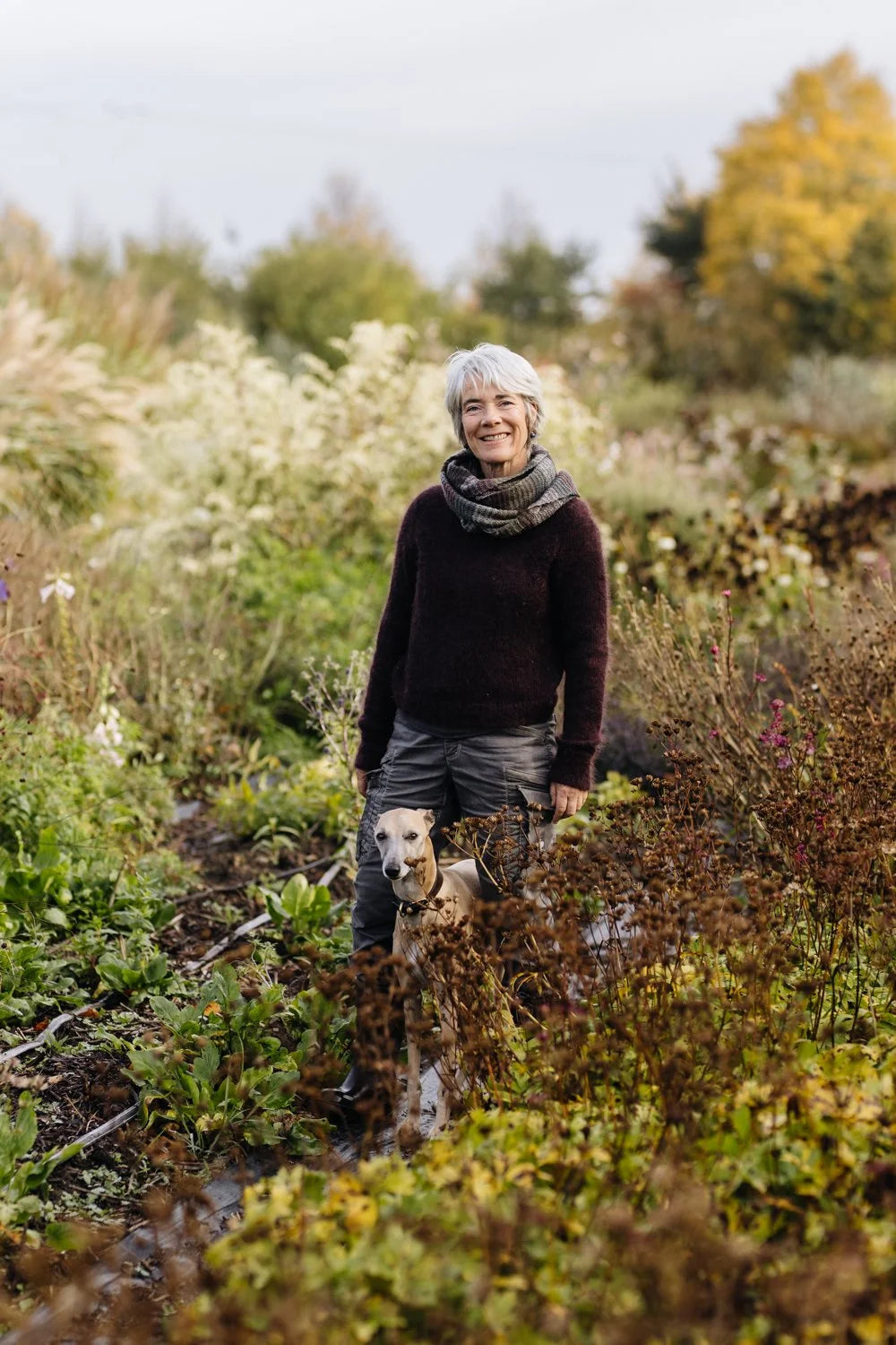 Rachel Siegfried standing in a field with a dog, surrounded by nature