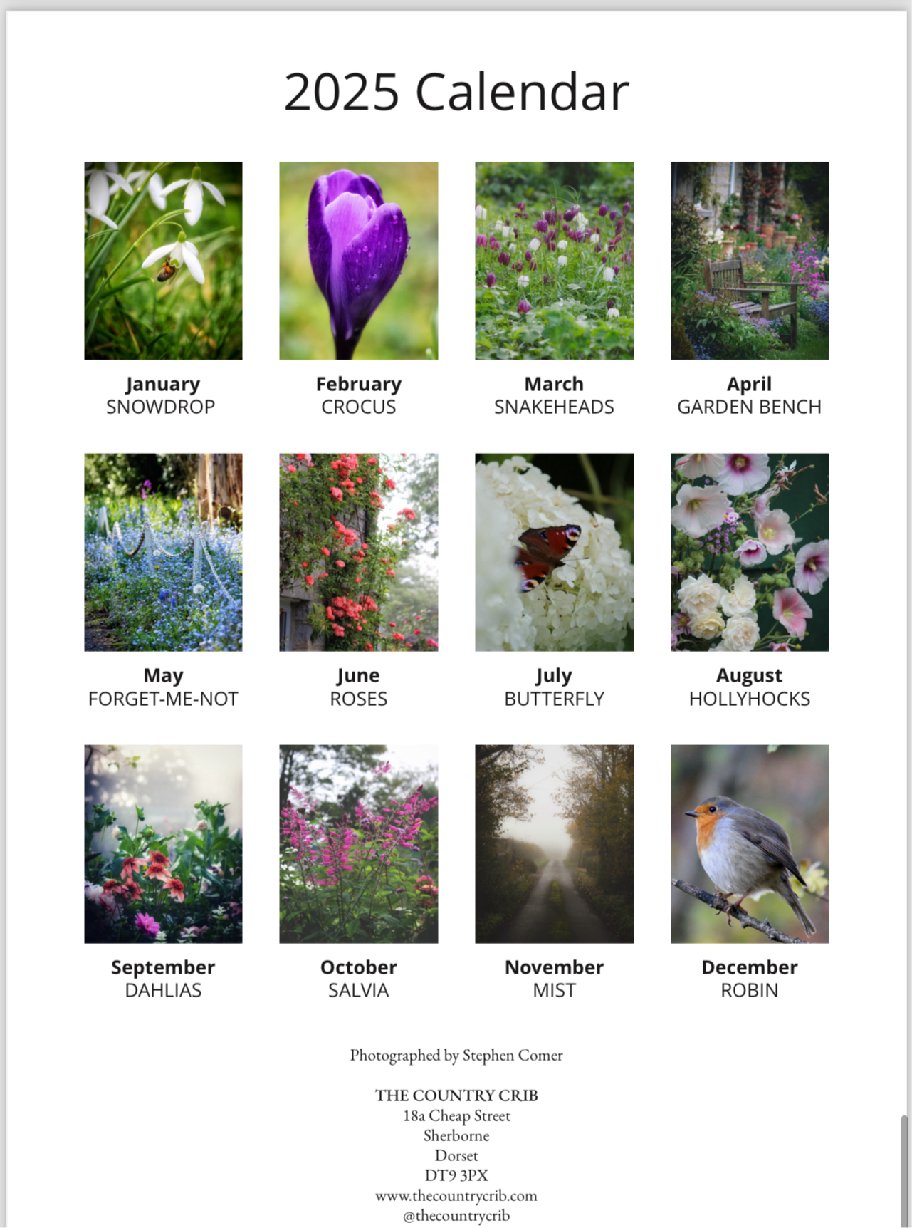 The Country Crib 2025 Calendar photographing nature and gardening throughout the seasons
