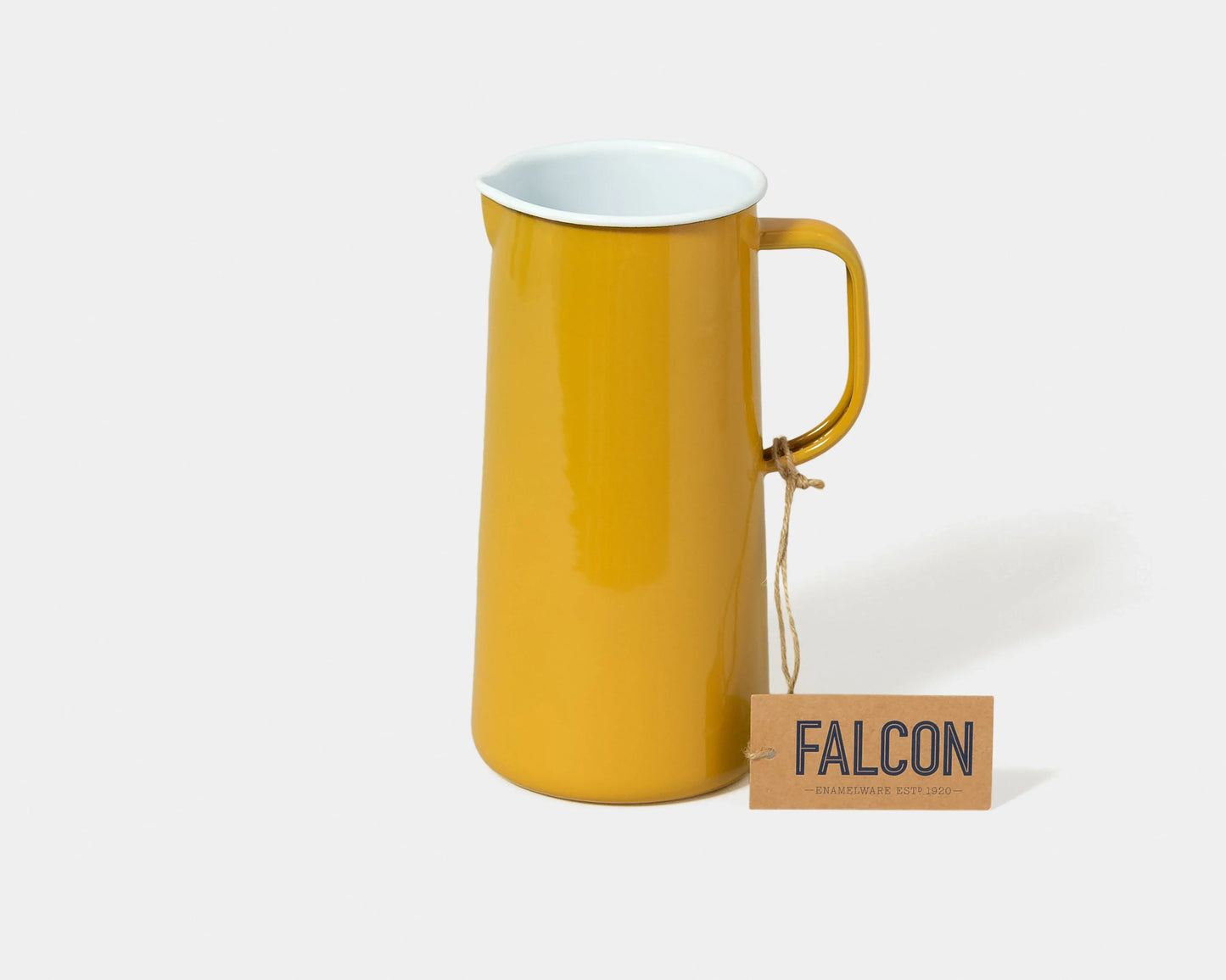 Falcon Enamelware jug for pouring water, drinks or as a vase for displaying flowers. Mustard yellow colour
