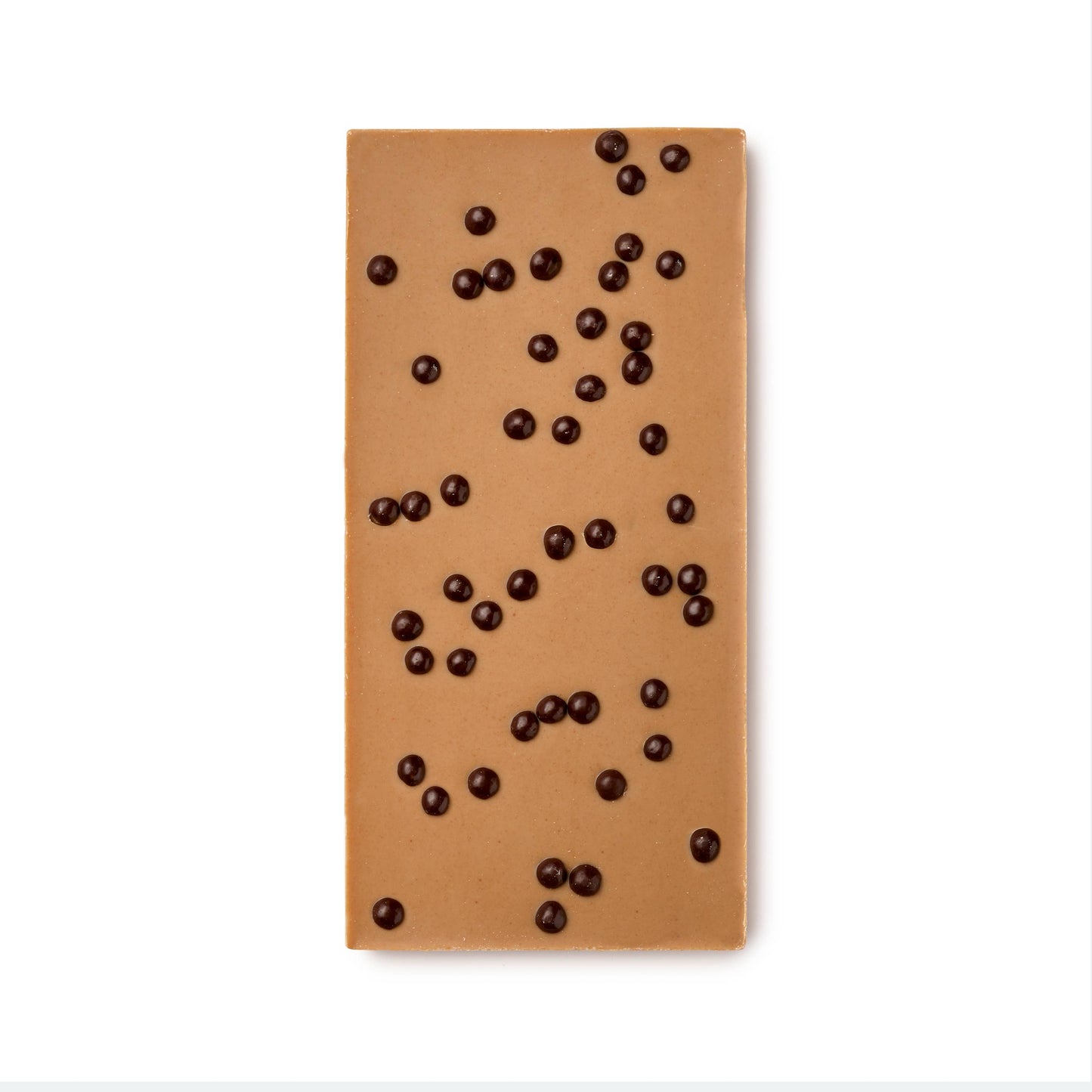Brown chocolate bar with dark chocolate chips on a white background