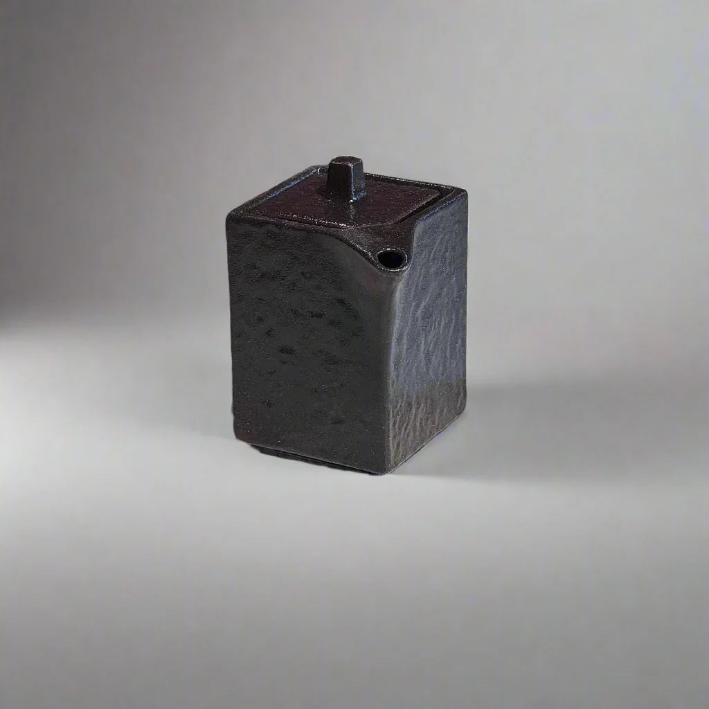 Japanese square black soy pot with a textured finish