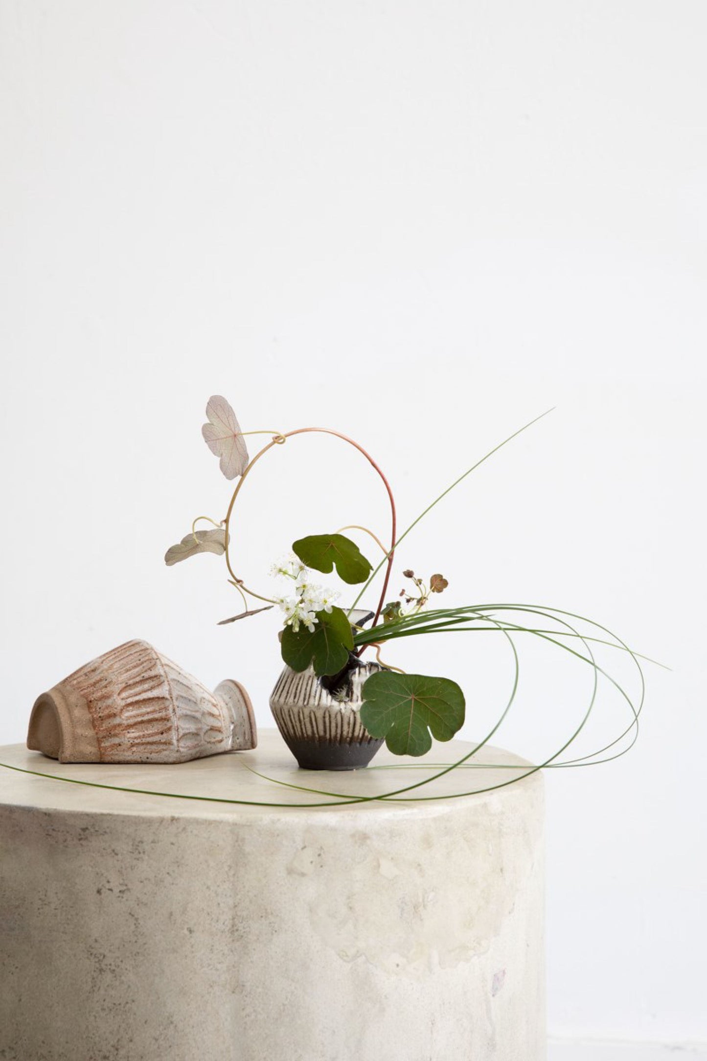 Small decorative Ikebana arrangement with a vase and leaves on a white background