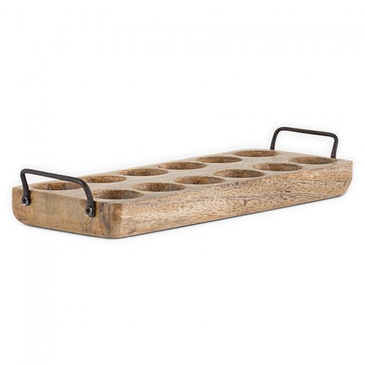 Wooden tray with metal handles on a white background