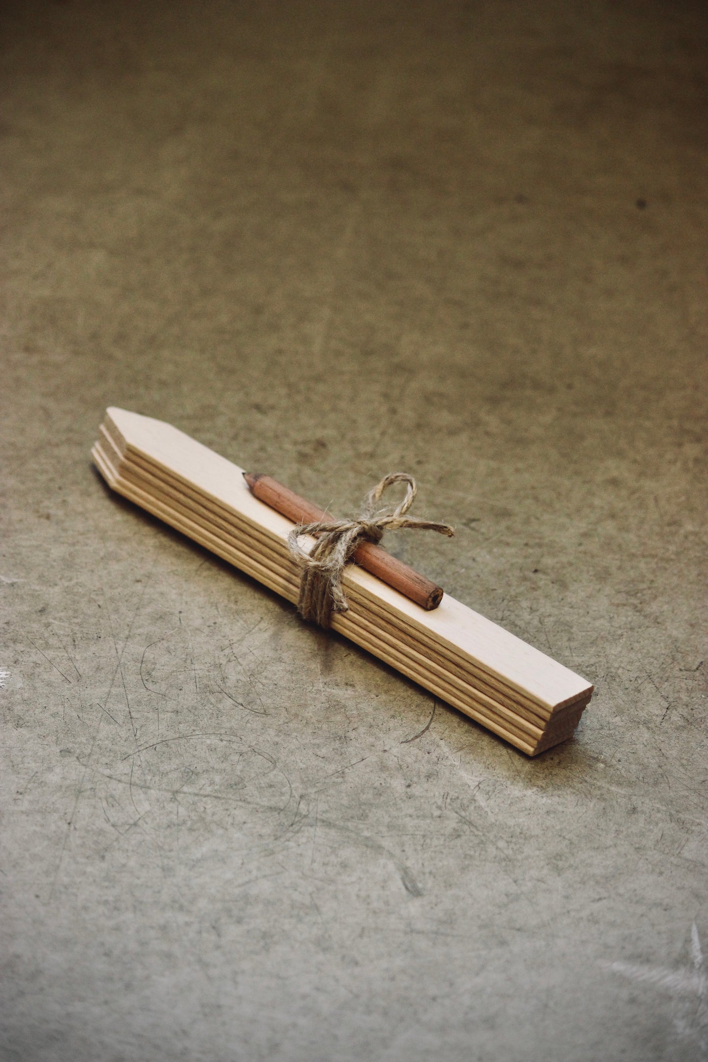 A pack of beige wooden garden labels tied together with twine, lying on a concrete surface for labelling plants