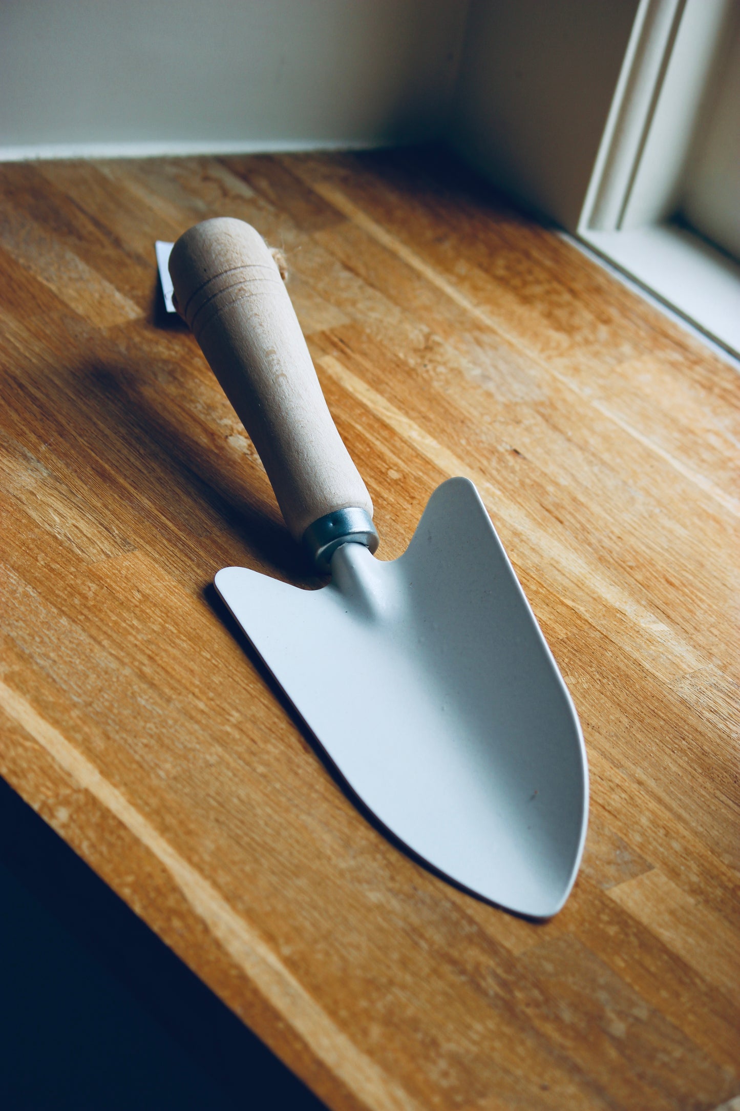 Sturdy plant shovel / trowel for positioning your seedlings and young plants as well as general gardening.
White powder-coated metal trowel with a waxed beechwood handle, featuring a hole for hanging up in your shed. Durable garden tools designed with excellence.