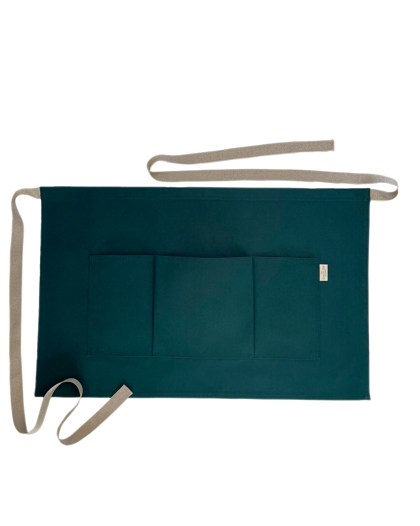 Teal apron with beige strap on a white background