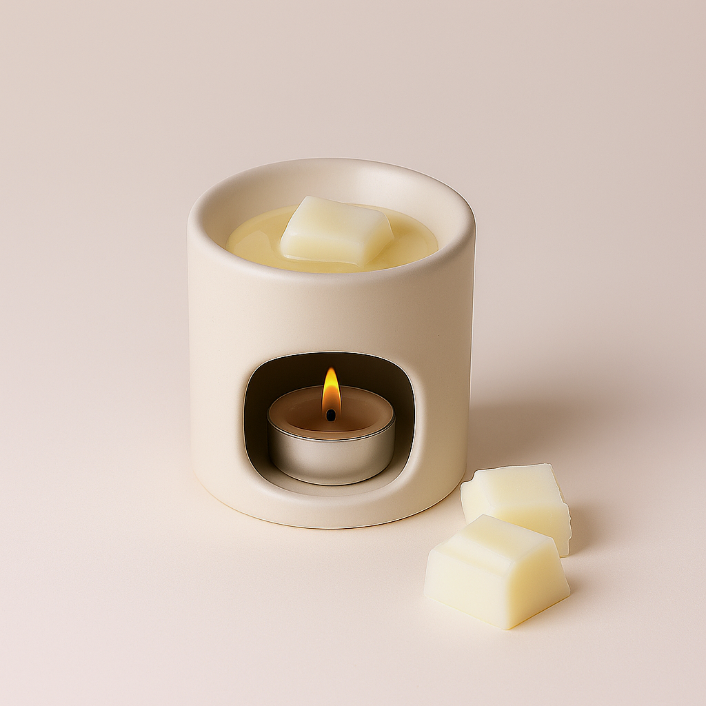 Ceramic wax warmer with a lit candle inside on a beige background