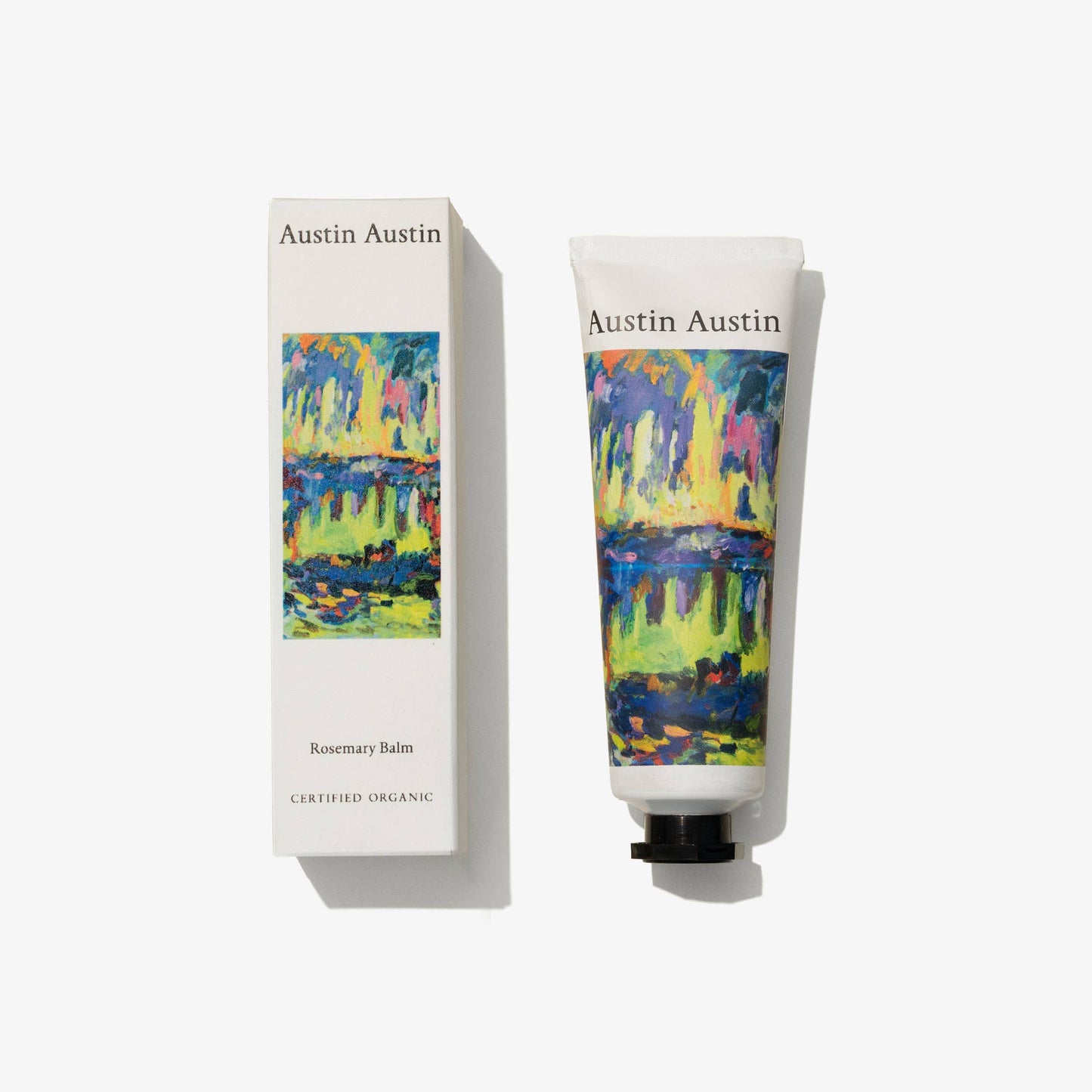 Hand cream tube and packaging with 'Austin Austin' branding on a white background