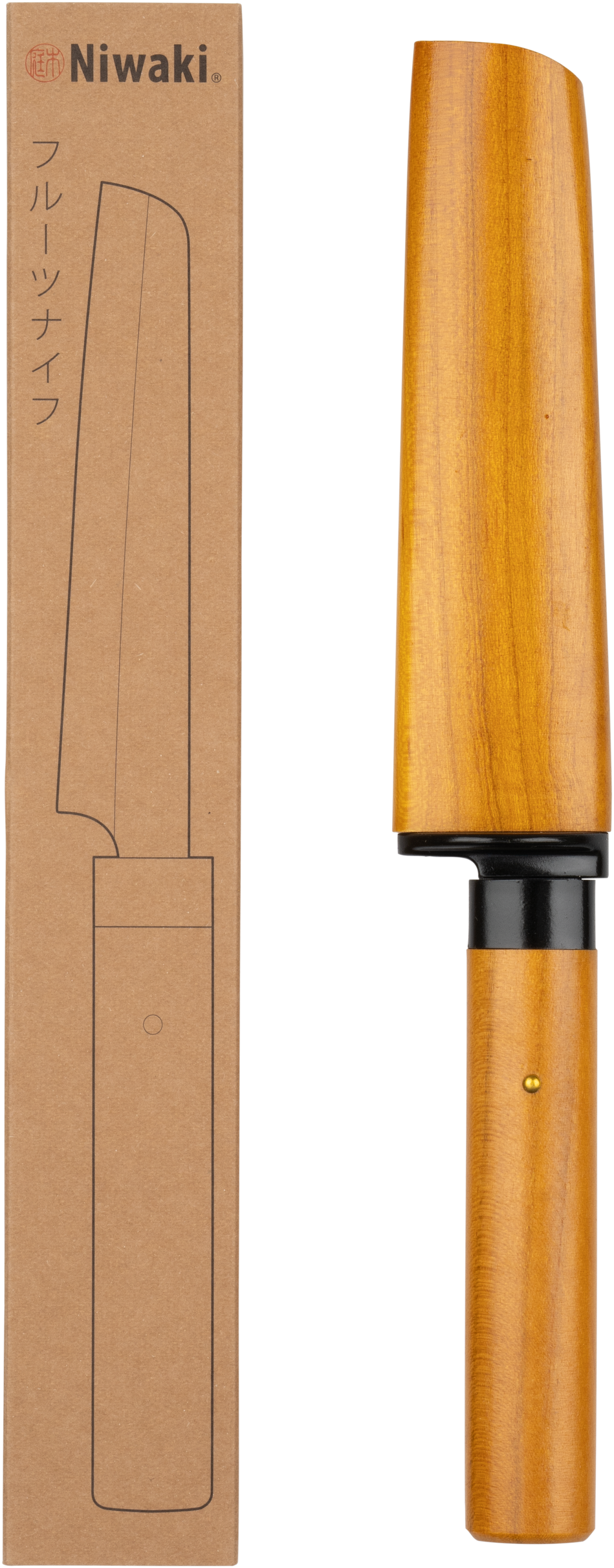 Wooden fruit pairing knife with a matching sheath on a white background