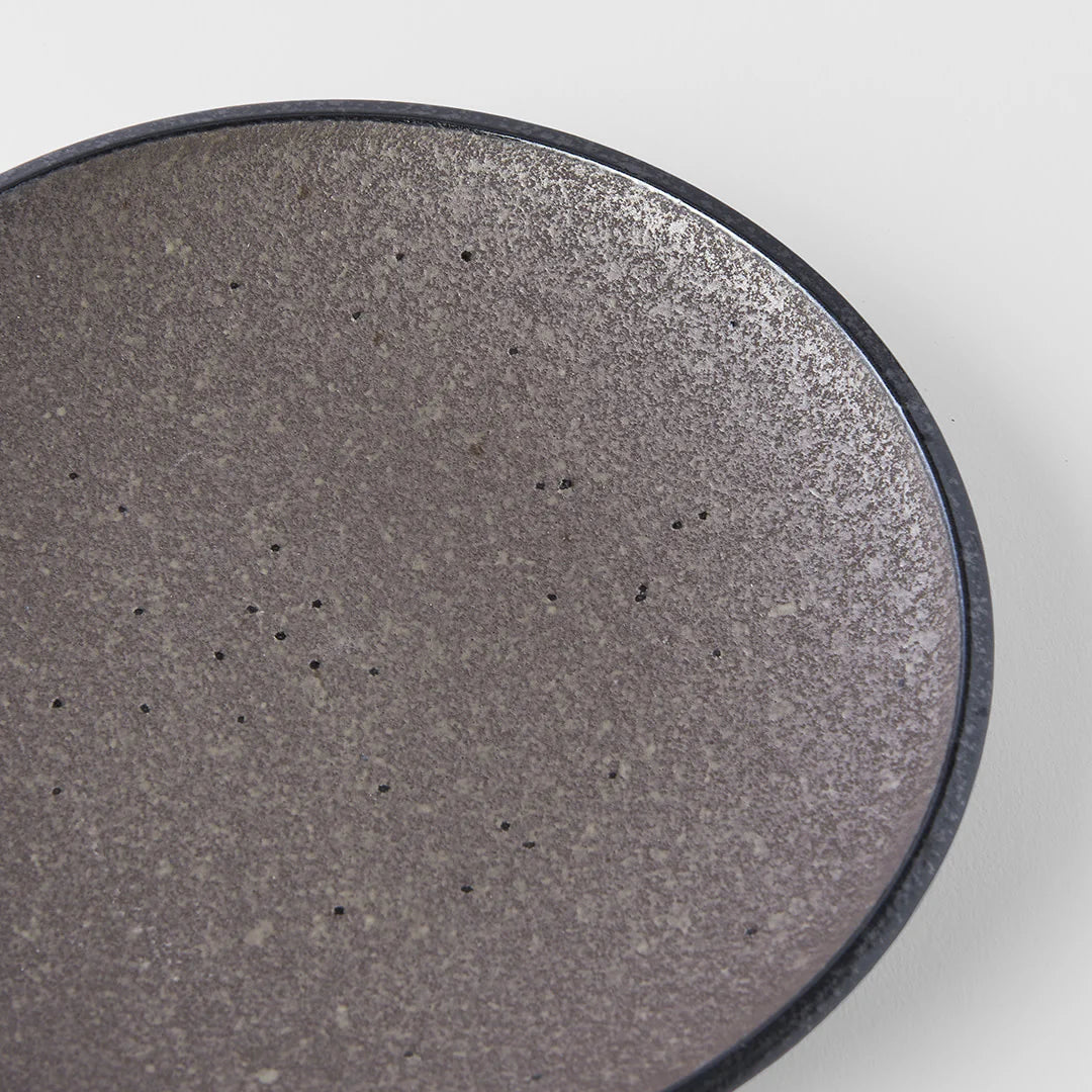 Earth Side Plate, The Earth range features a unique glaze with rustic tones with a focus on simple texture. When turned toward to the light, it shimmers silver