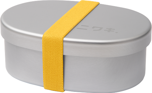 Silver round container with a yellow strap on a white background