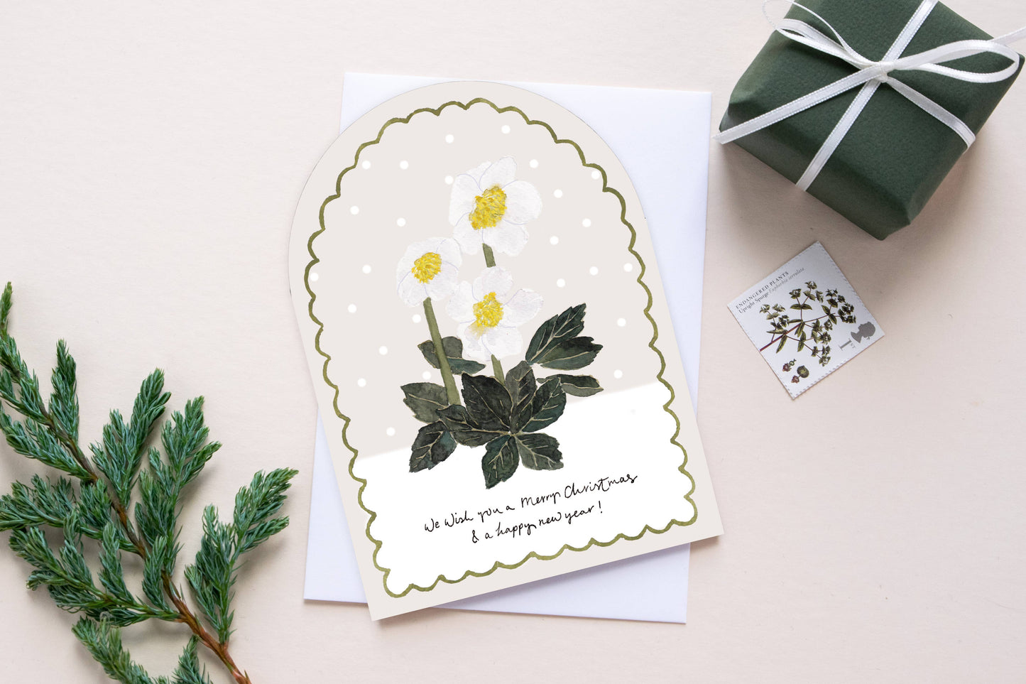 'Christmas Rose ' Hellebore Arch Shape Christmas Card