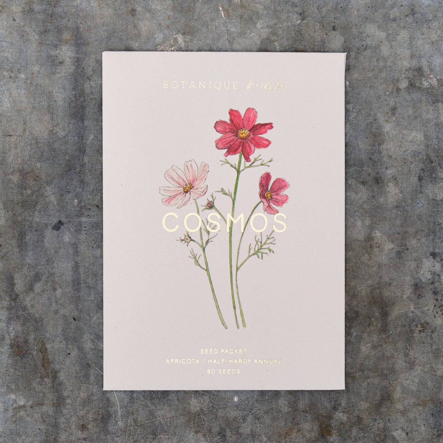 Card with illustrations of cosmos flowers on a textured surface