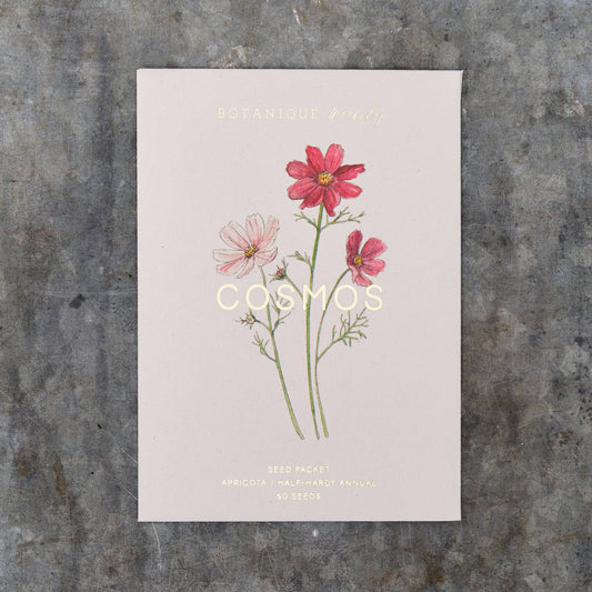 Card with illustrations of cosmos flowers on a textured surface
