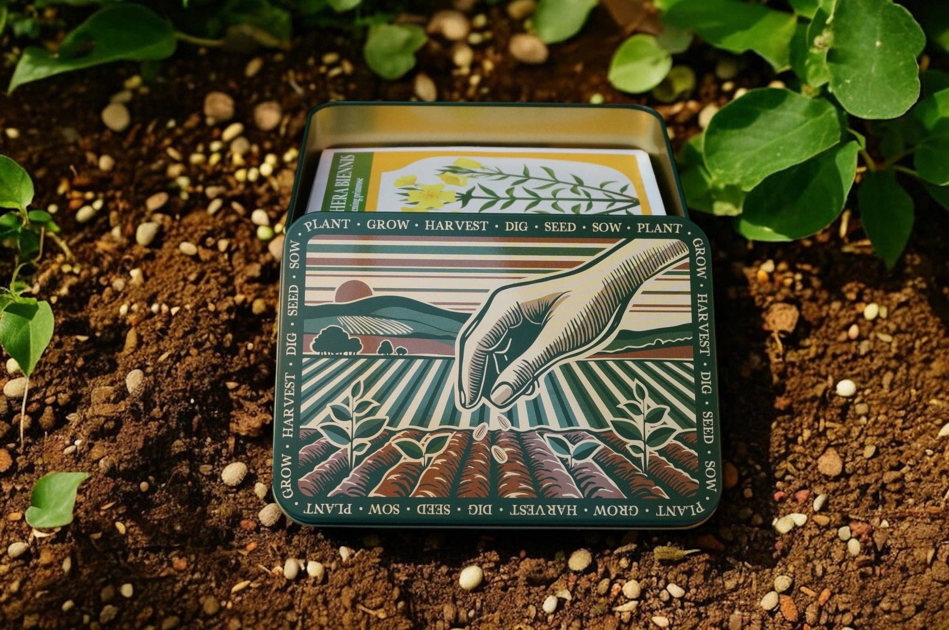 Seed packet with gardening illustration on a soil background