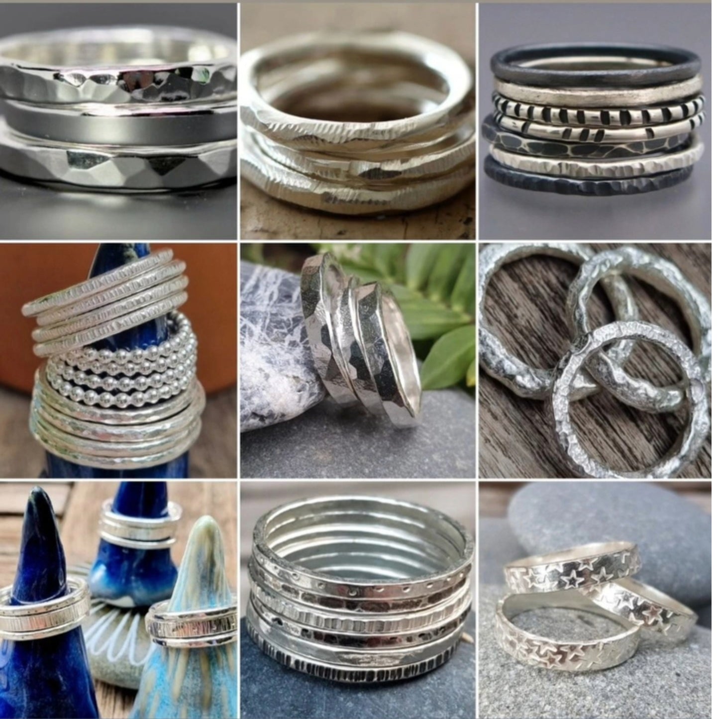 Collage of various silver rings with different designs on a neutral background.