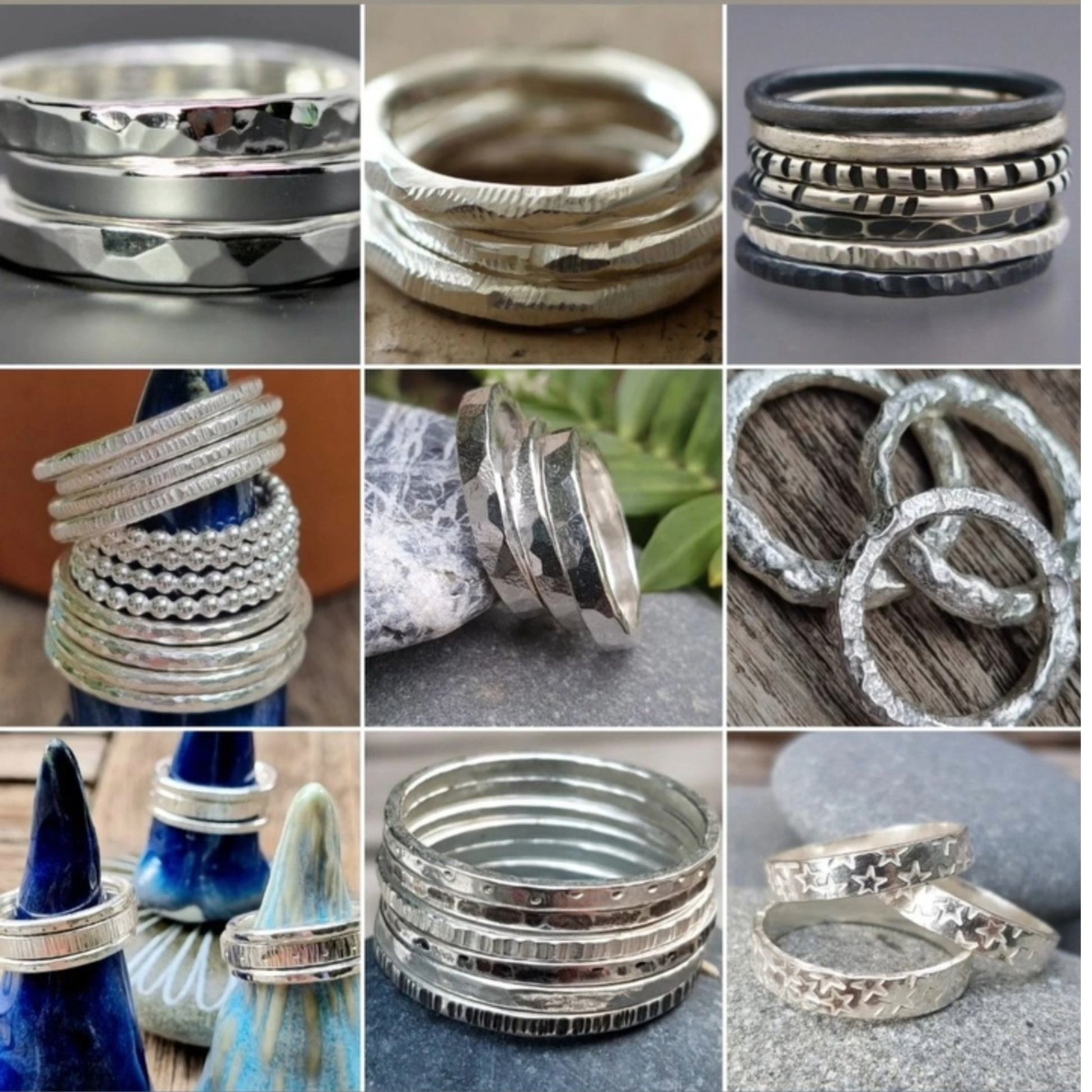 Collage of various silver rings with different designs on a neutral background.