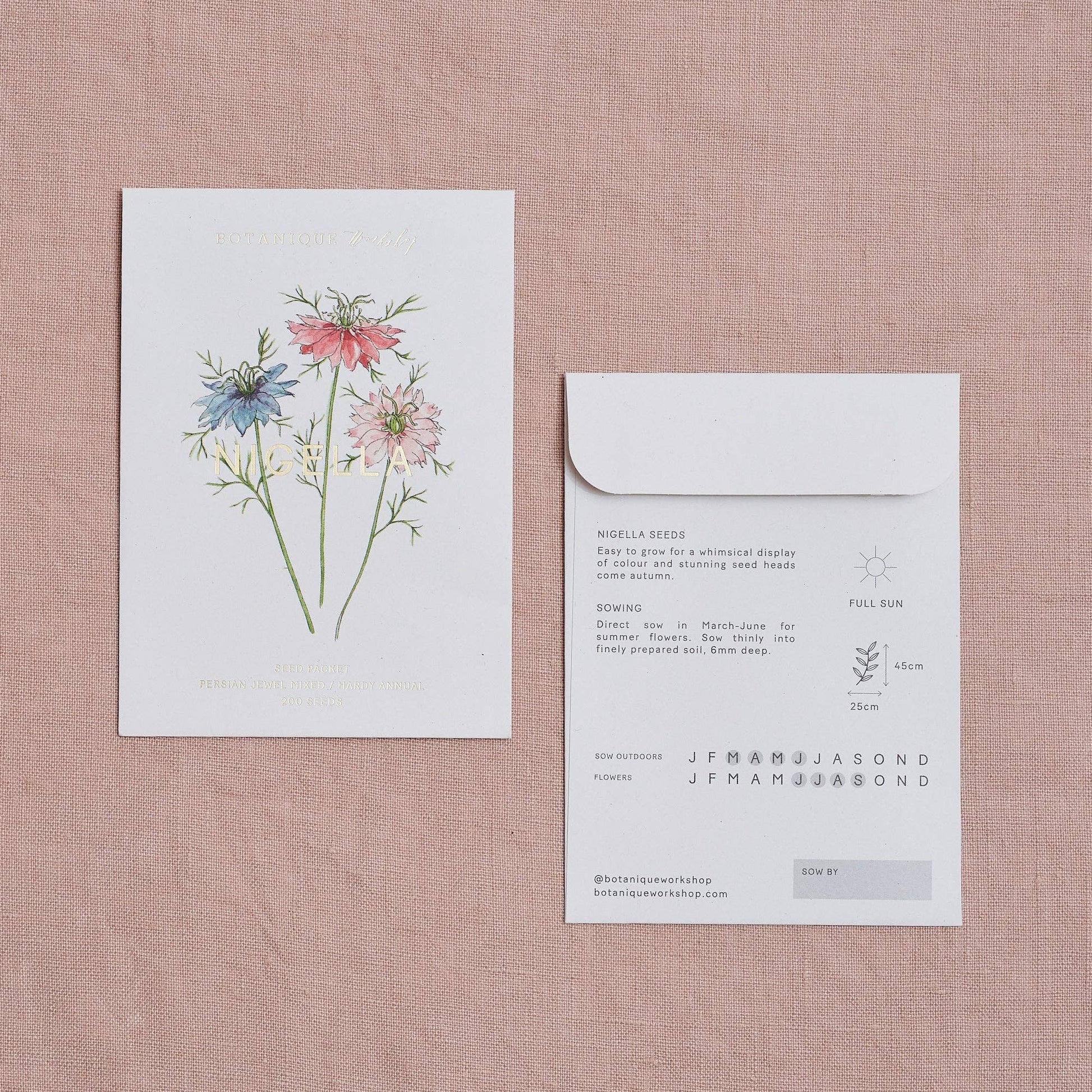 Floral seed packet and envelope on a textured pink background