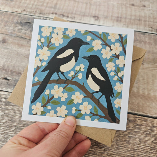 Two for Joy - Single greetings card featuring two magpies