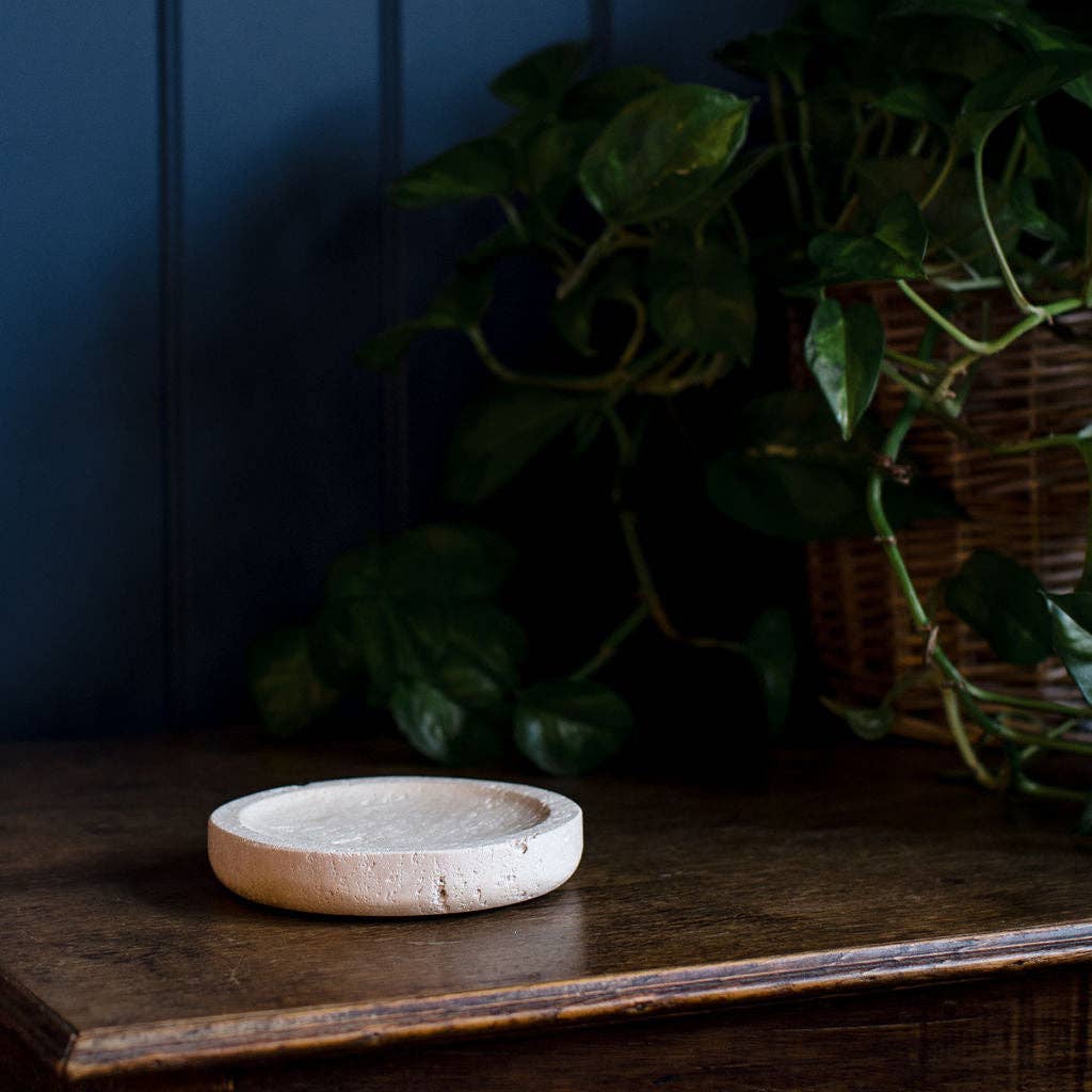 A small round, shallow ceramic dish in a light beige or off-white glaze, placed on a dark wooden table with a dark blue paneled wall and a green trailing plant in the background.