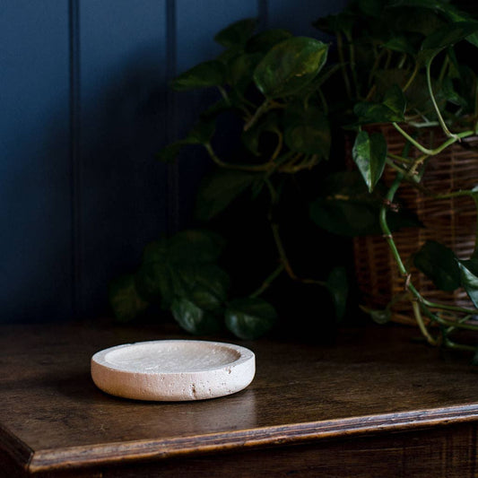 A small round, shallow ceramic dish in a light beige or off-white glaze, placed on a dark wooden table with a dark blue paneled wall and a green trailing plant in the background.