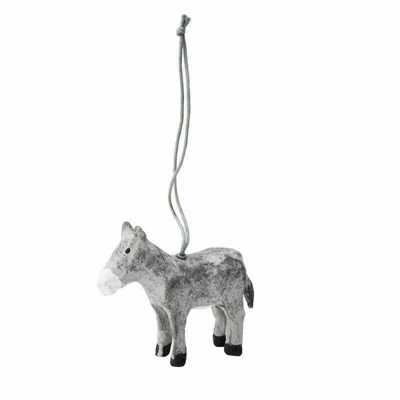 Donkey-shaped ornament hanging on a white background