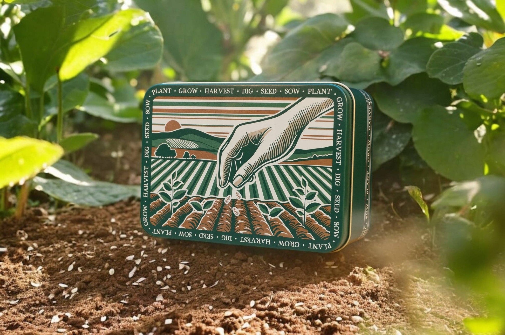 Seed packet with agricultural design on a background of soil and plants