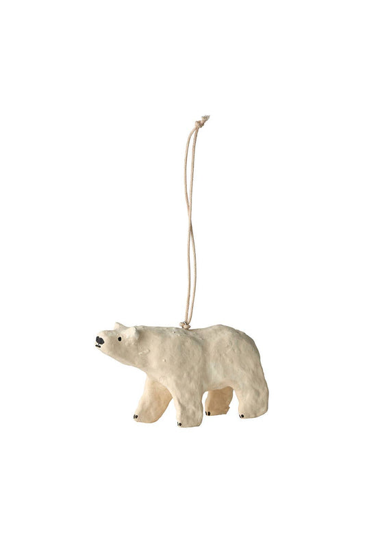 A handcrafted paper mache polar bear ornament with a loop on top for hanging, primarily in beige color.