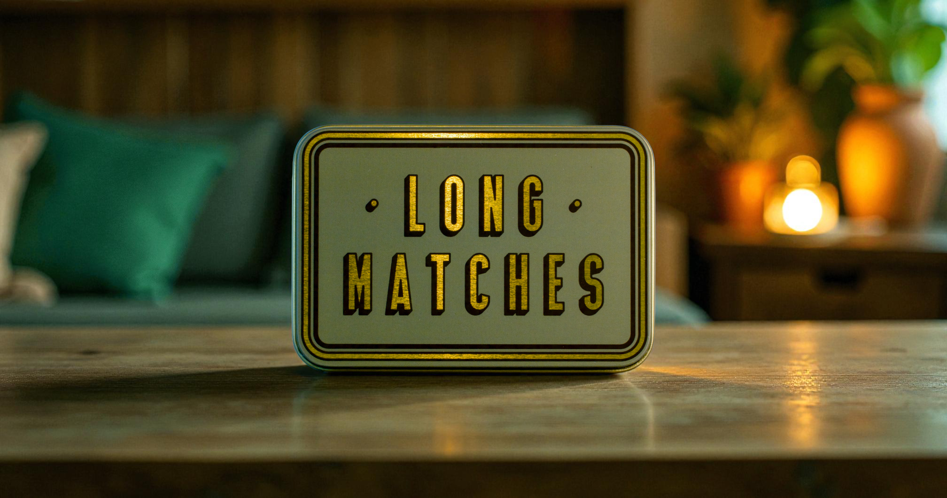 Vintage-style 'Long Matches' sign on a wooden surface with a blurred background