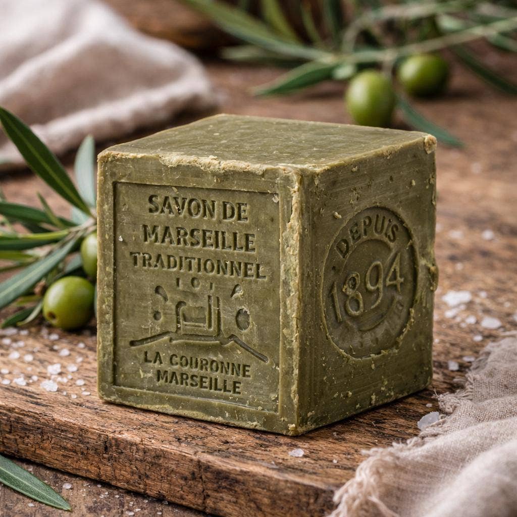 Green soap bar with 'Savon de Marseille' branding on a wooden surface with olive branches.