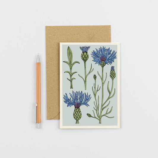 Greeting card with floral design on a light gray background, accompanied by a pen and brown envelope.