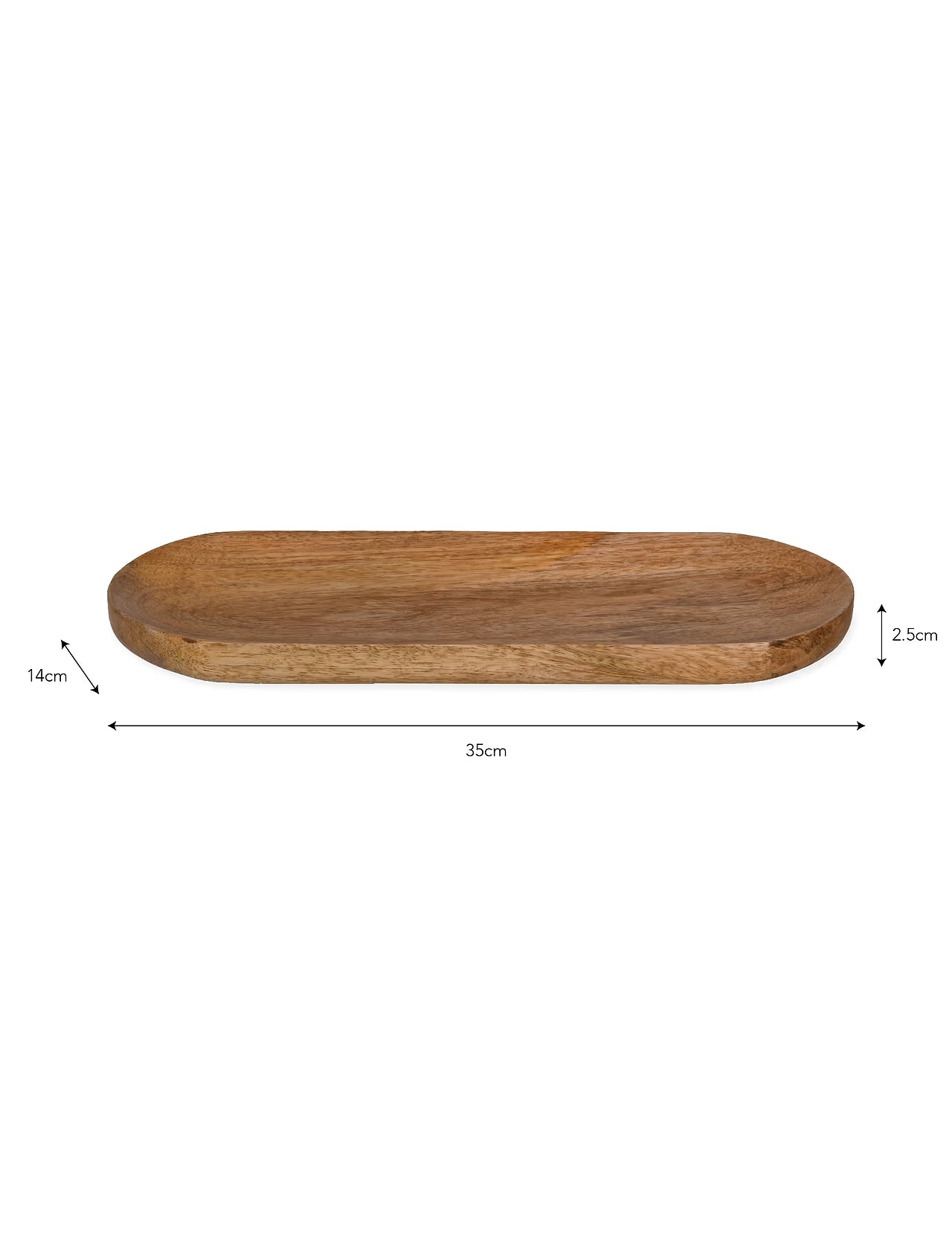 Wooden tray mango wood bread board with dimensions on a white background