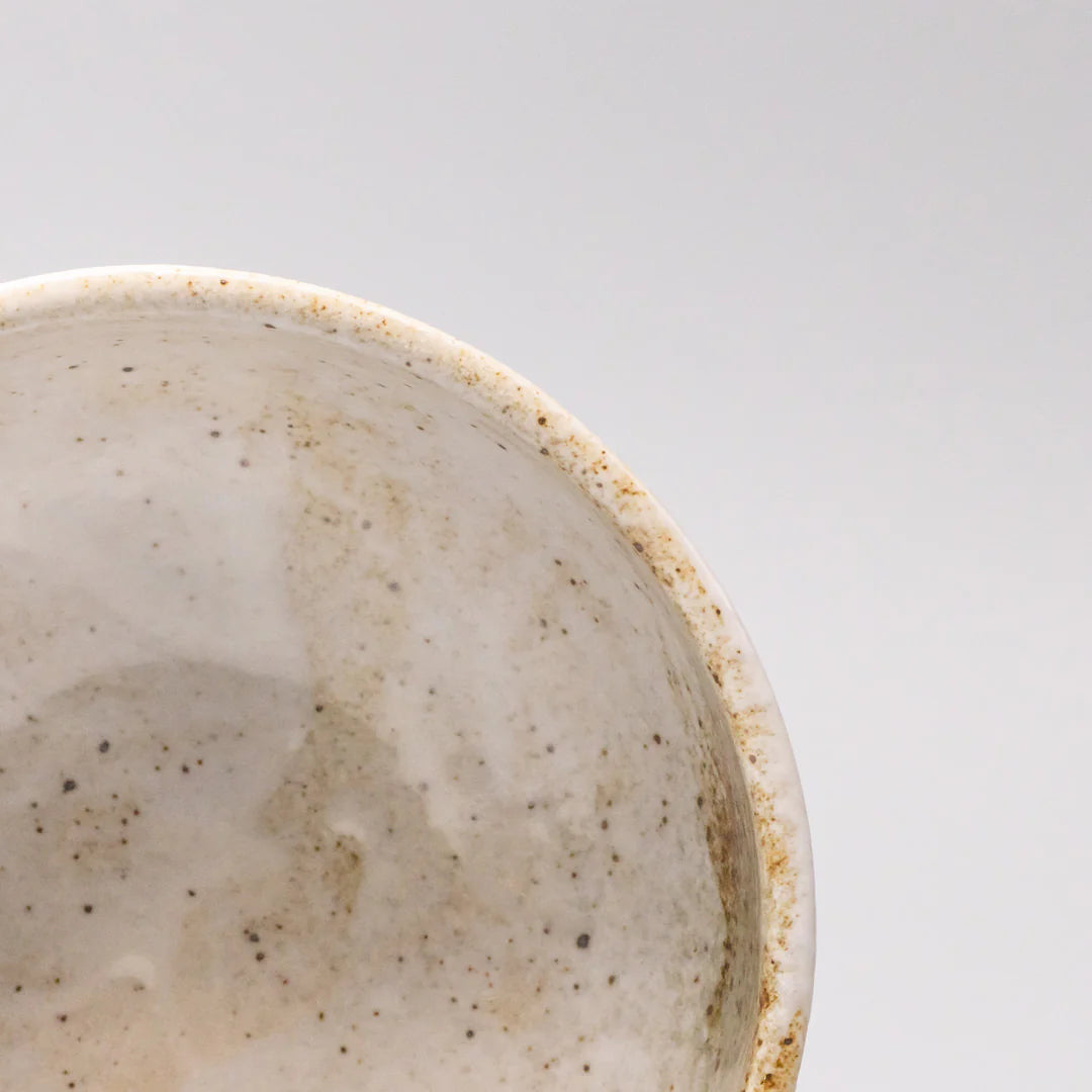Close-up of a ceramic bowl with a speckled texture on a light gray background