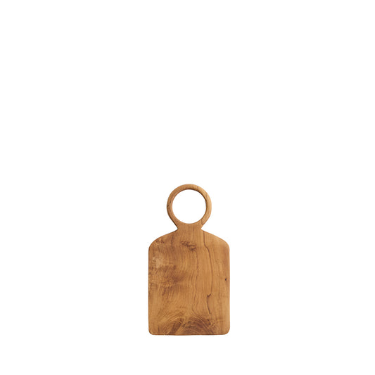 Wooden cutting board with a ring handle on a white background