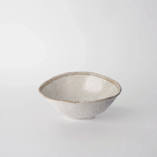 Ceramic bowl with speckled texture on a light gray background