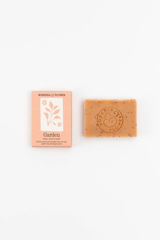 Bar of Garden soap by Bohemia & Flower and its packaging on a white background