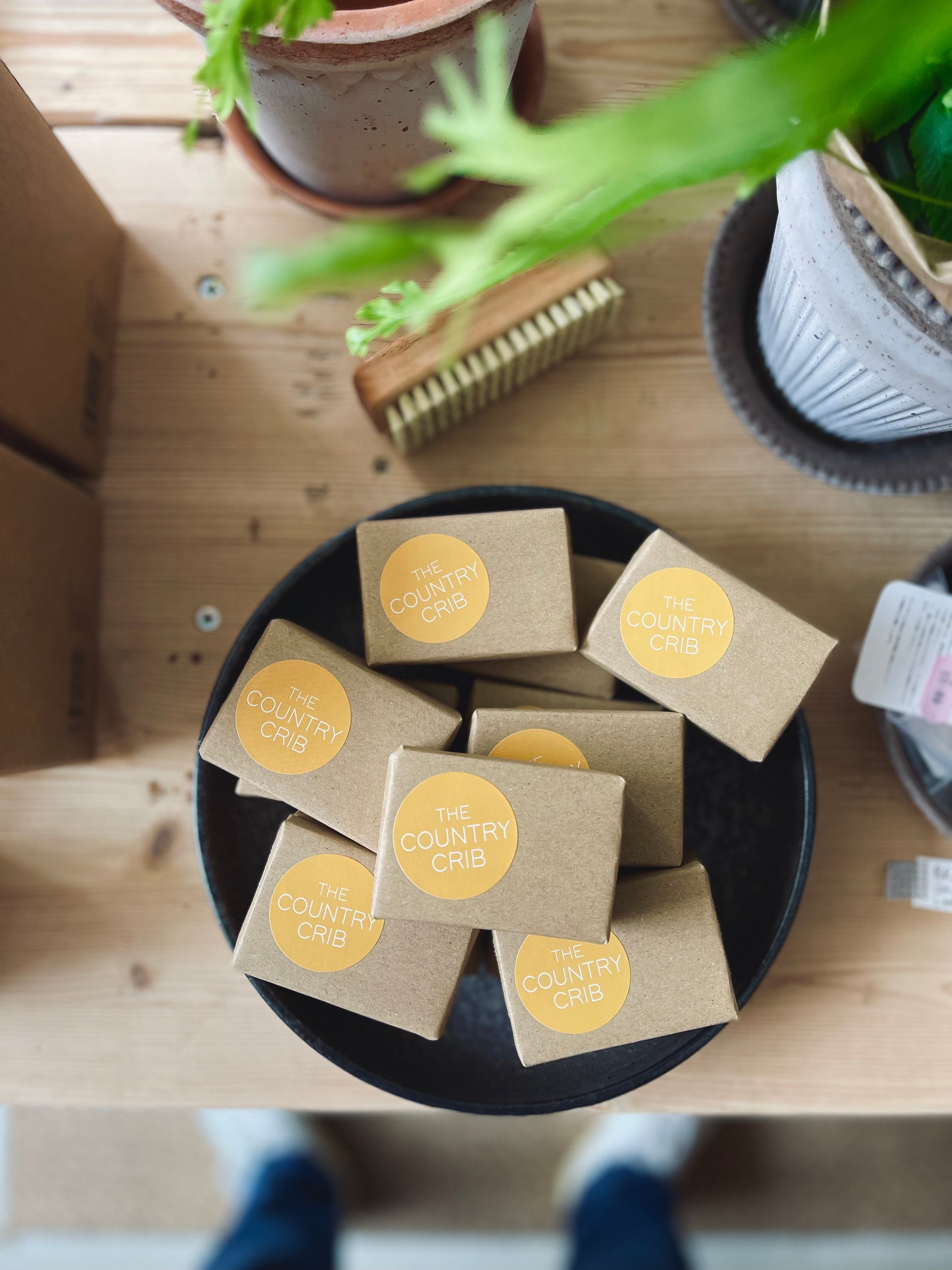 Bar soaps with 'The Country Soap' label on a wooden surface with plants and a brush.