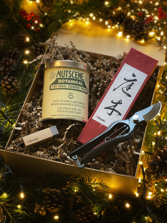 Gift box with Nutscene botanical product, garden shears, and a Clean Mate on a festive background.