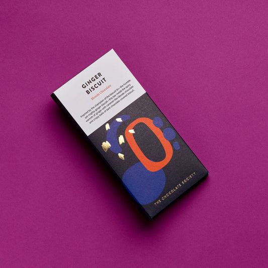 Chocolate bar packaging with abstract design on a purple background