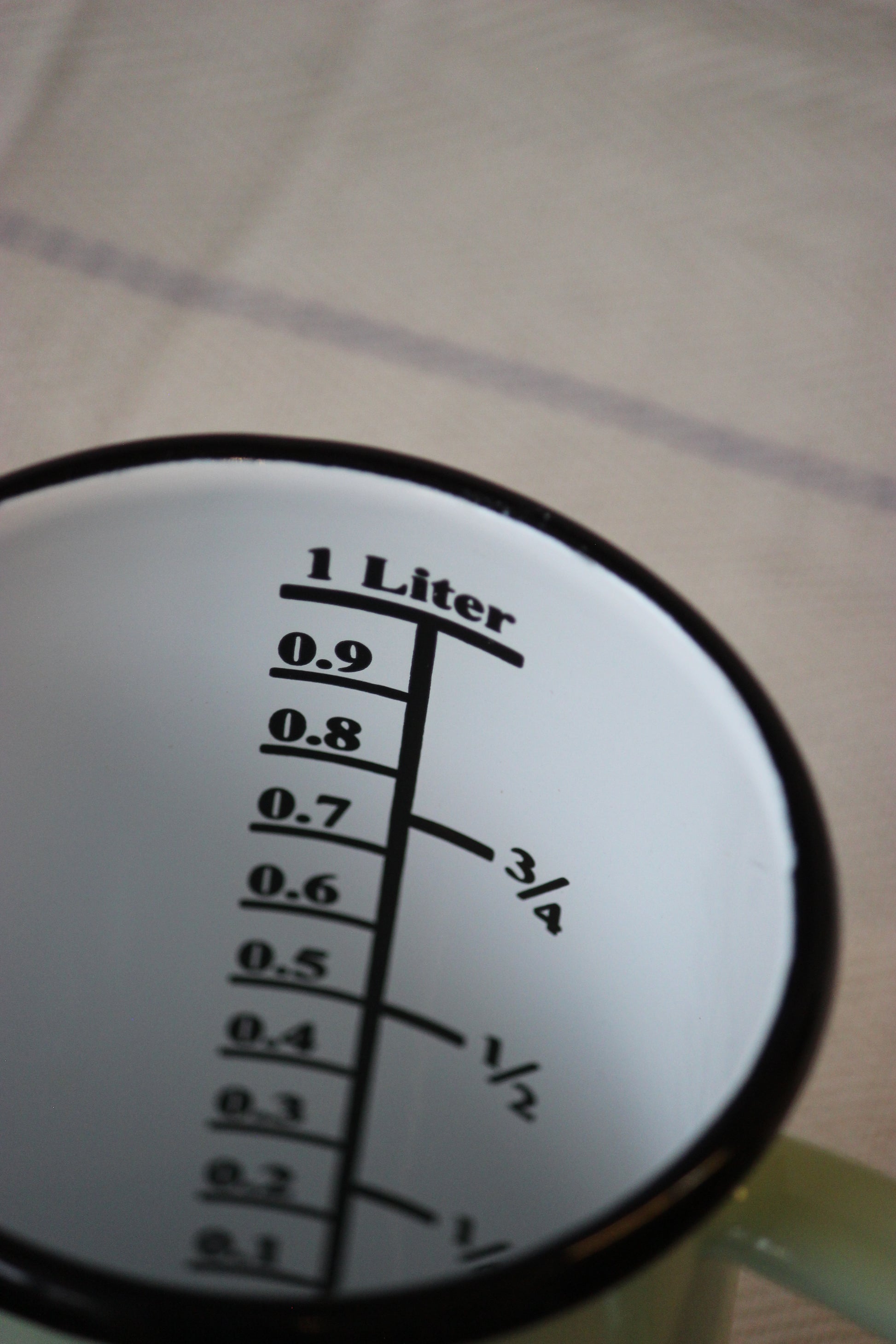 Close-up of a measuring jug with volume markings on a white background