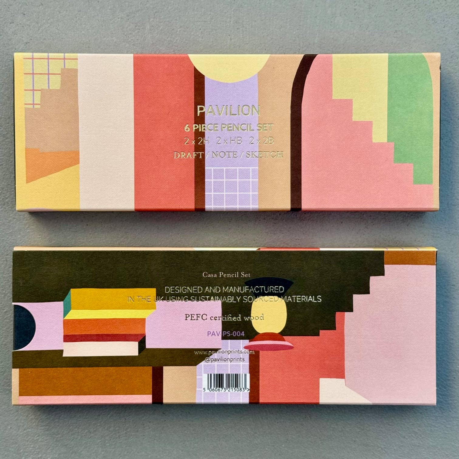 This wonderful 6-piece pencil collection includes 2 square 2H pencils, 2 triangular HB pencils, and 2 hexagonal 2B pencils. Crafted in the UK from sustainably sourced, PEFC-certified wood, each set is presented in a stylish box featuring gold foil accents and a divided tray. Dimensions: 18.5cm x 7cm x 2cm. A perfect gift.