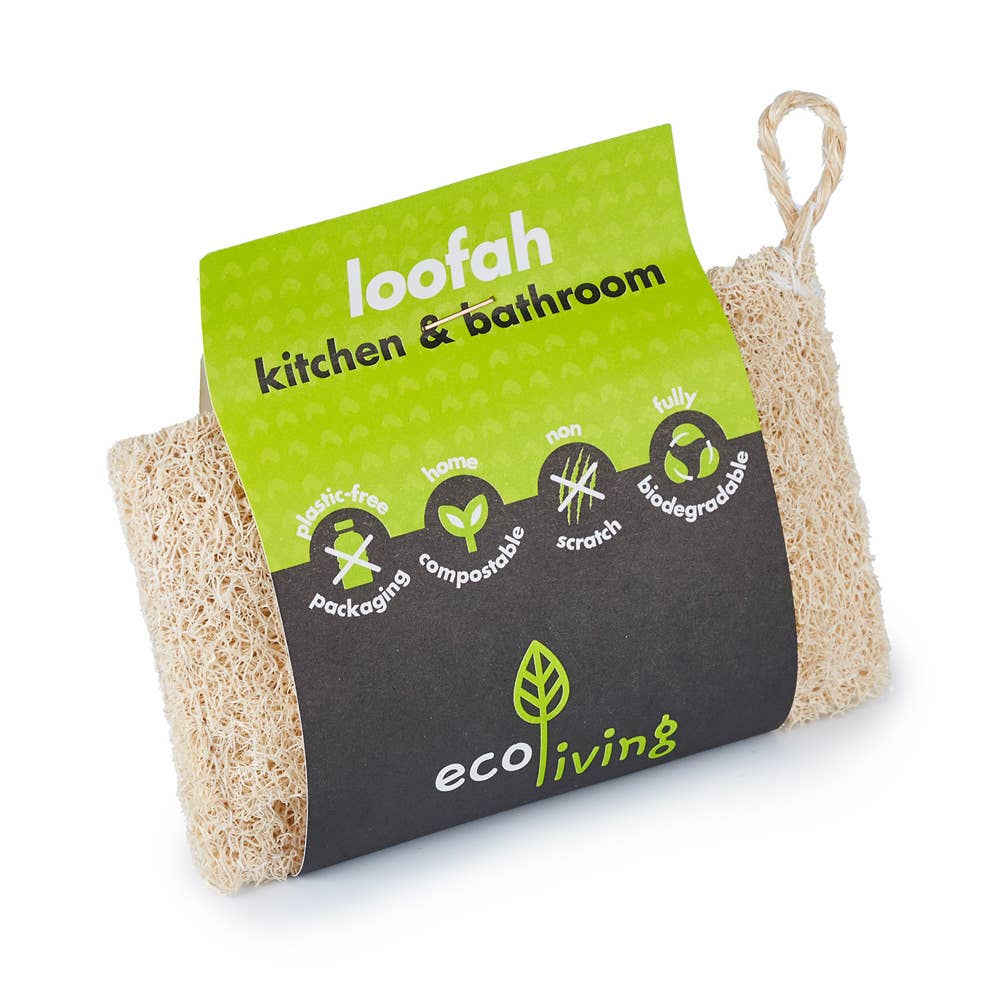 Loofah with packaging labeled 'loofah kitchen & bathroom' by Eco Living on a white background